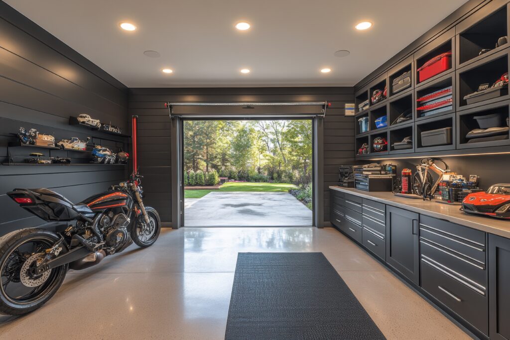 Contemporary garage showcasing custom storage solutions home environment modern design interior viewpoint high fidelity functionality