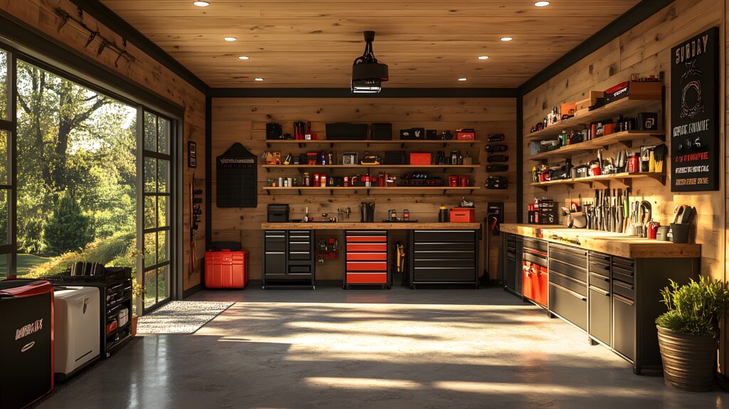 3D visualization of a functional garage with custom shelving, efficient tool storage, and a smooth epoxy floor