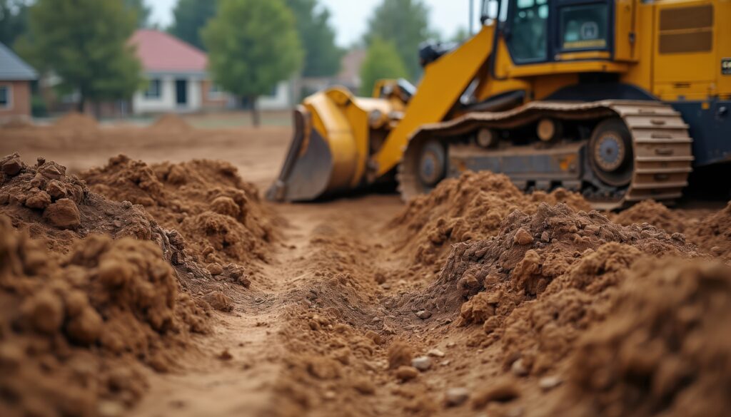 Construction worker operates bulldozer clearing land residential development. Heavy machinery, earthmoving equipment preparing site for new houses. Ground work construction site activity. New