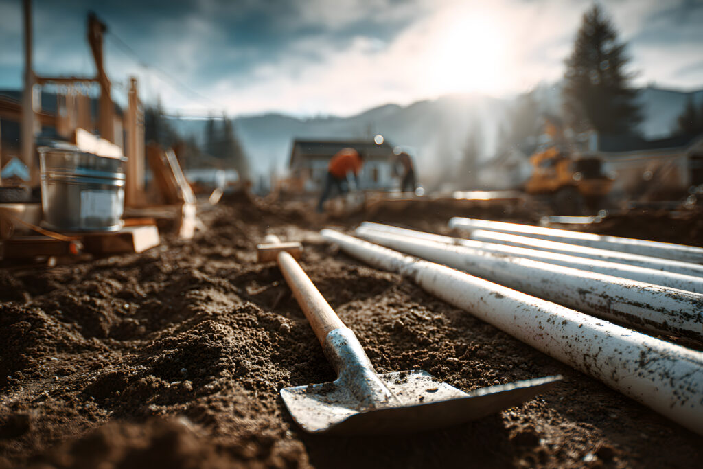 Workers are preparing construction site with freshly dug soil white plumbing pipes laid out for installation.