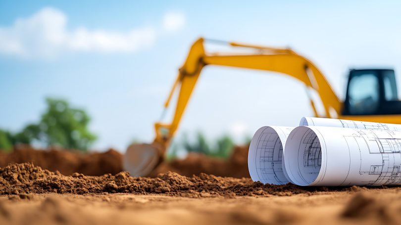 Construction site with rolled blueprints on the dirt. A yellow excavator is visible in the background against a blue sky with some clouds.