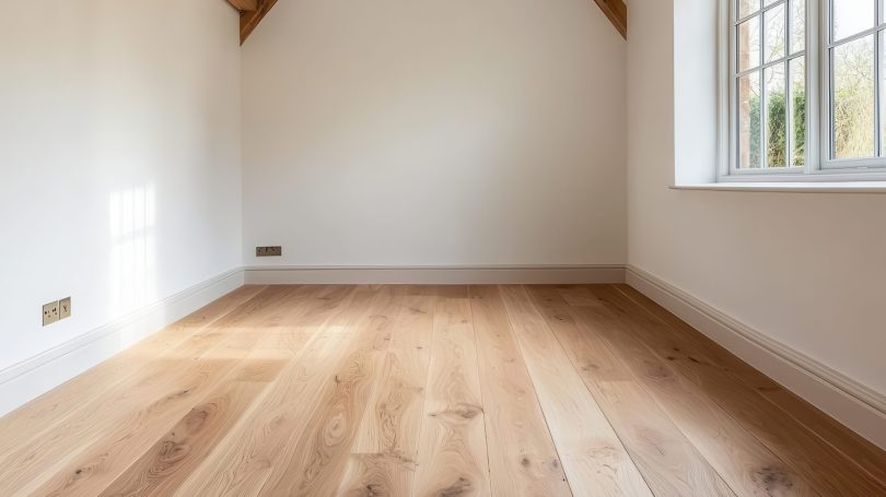 Elegant rustic barn conversion with whitewashed walls and antique wood floors