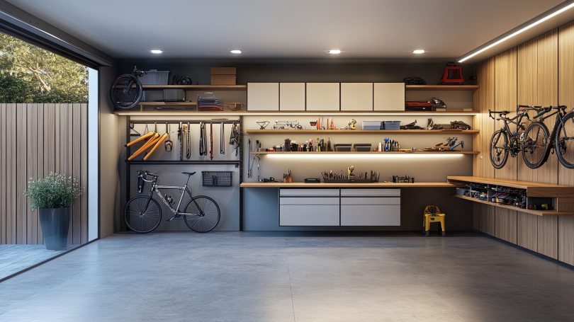 A multifunctional garage with a workbench that can be folded against the wall when not in use. Shelves and cabinets provide storage for tools, and a bike rack is mounted on the wall to save space. A comfortable bench offers seating for breaks. --ar 16:9 --v 6.1 Job ID: 6d5f0d36-1176-4076-bab0-8b5523065ac9